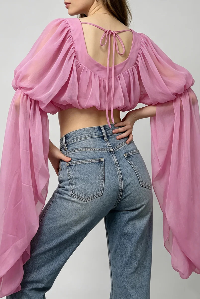 Trend4us Romantic Off-Shoulder Chiffon Puff Sleeve Crop Top