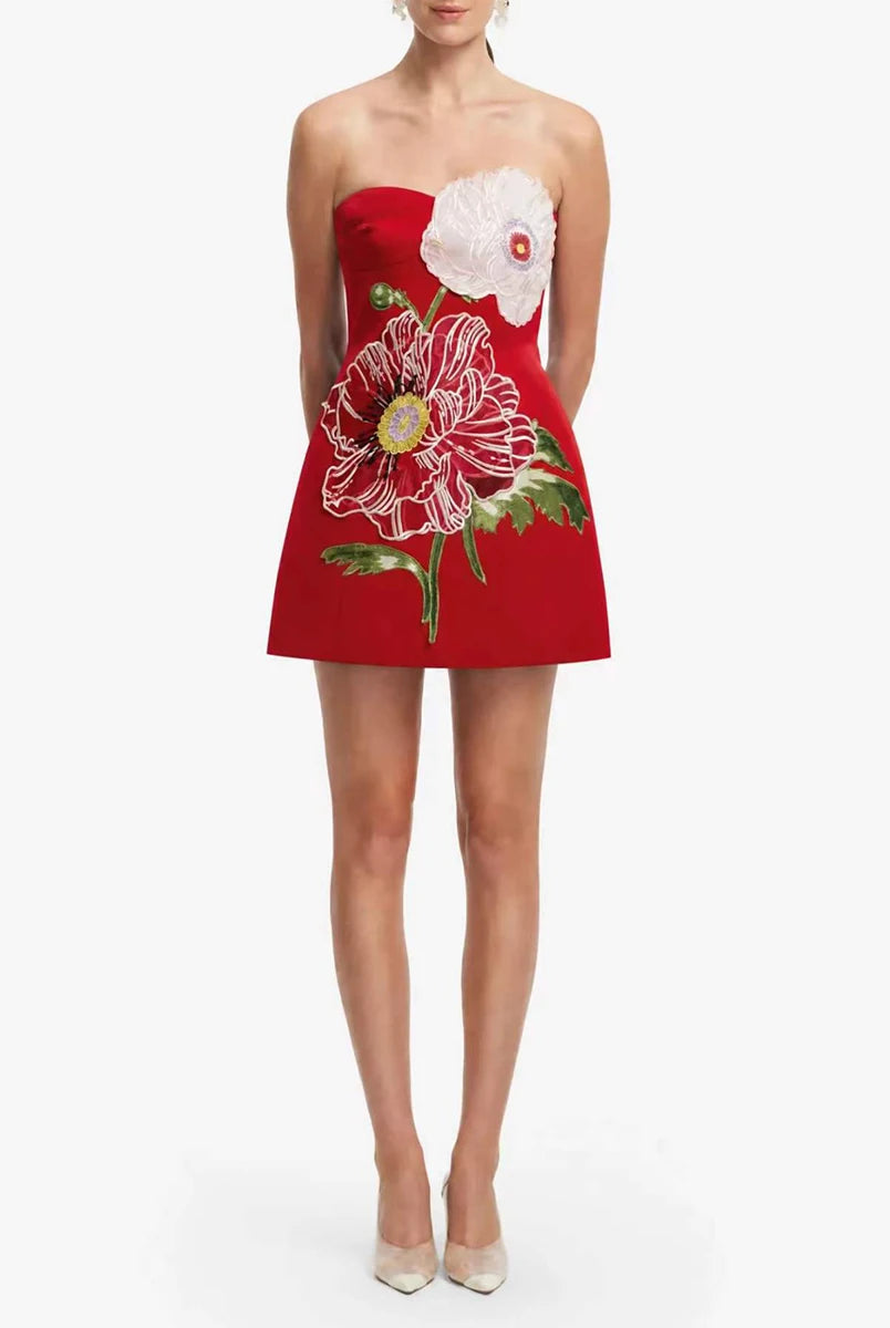 Trend4us Luxe Floral Appliqué Strapless High Waist Mini Dress