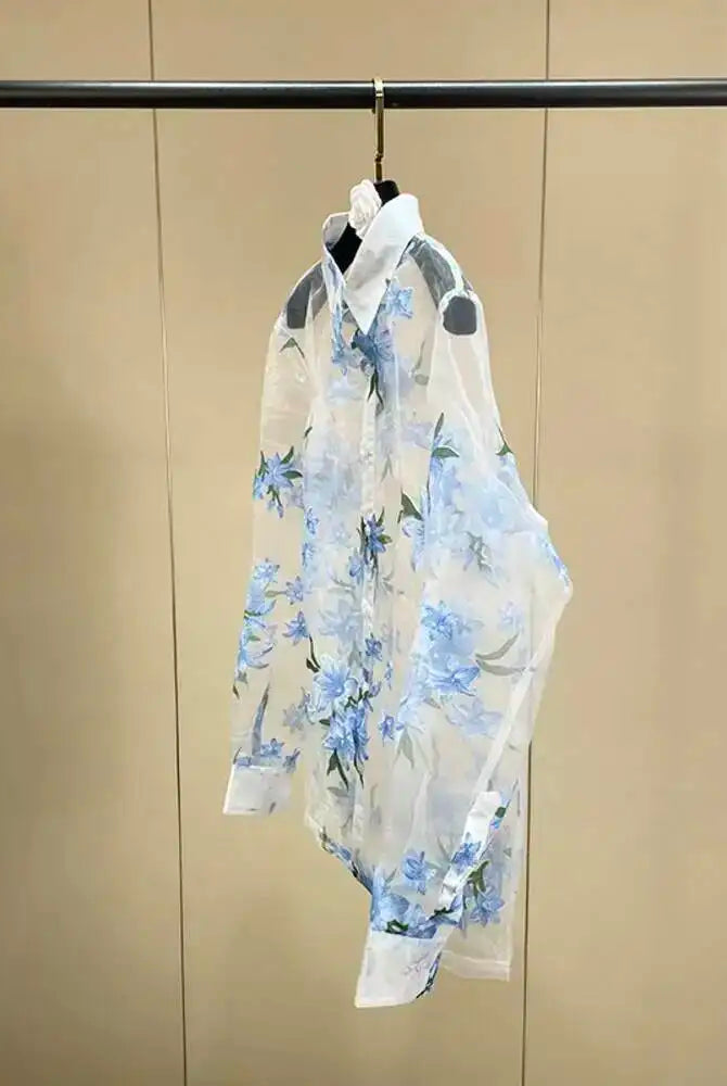 Trend4us Sheer Floral Print Blouse – Women's Sky Blue Button-Up
