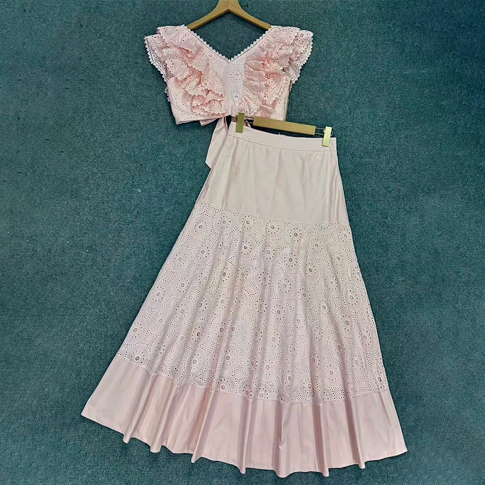 Trend4us Luxe Eyelet Lace Ruffle Crop Top & Midi Skirt Set - Pink