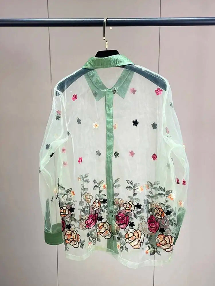 Trend4us Luxe Sheer Floral Embroidered Button-Up Blouse in Mint Green