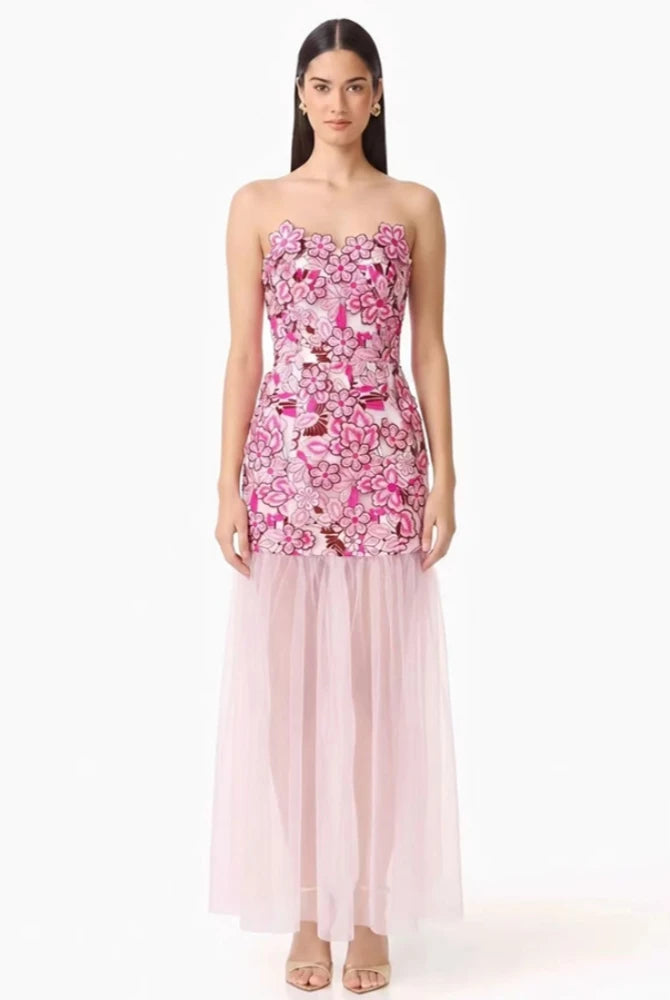 Trend4us Luxe 3D Floral Embroidered Strapless Illusion Evening Dress