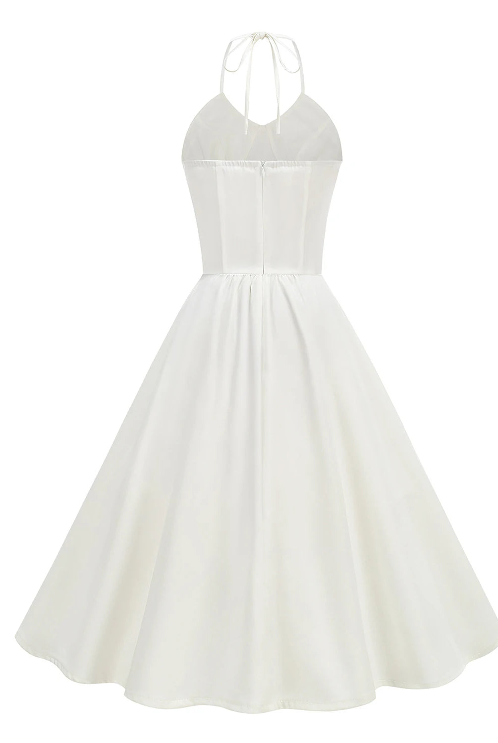 Trend4us Vintage Halter Ruched Summer Fit & Flare Dress in white back view