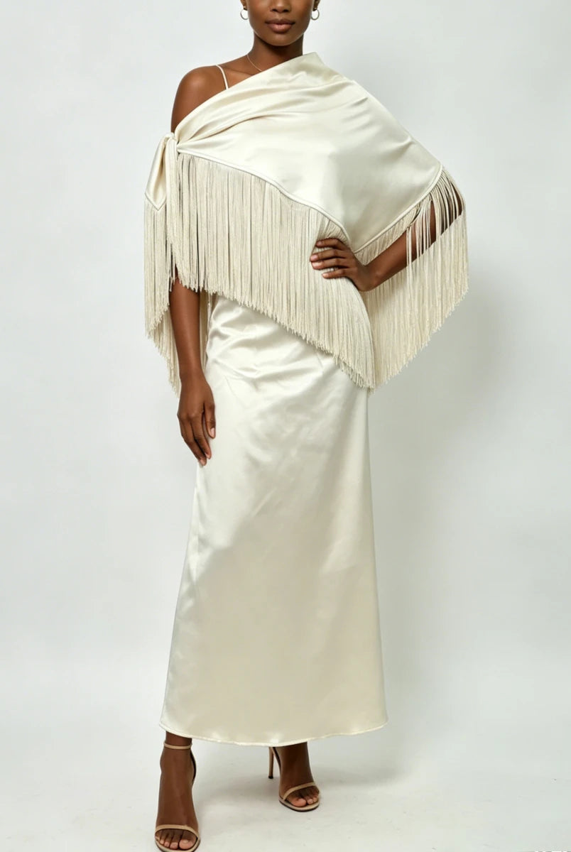 Trend4us Luxe Satin Fringe Shawl One-Shoulder Evening Dress