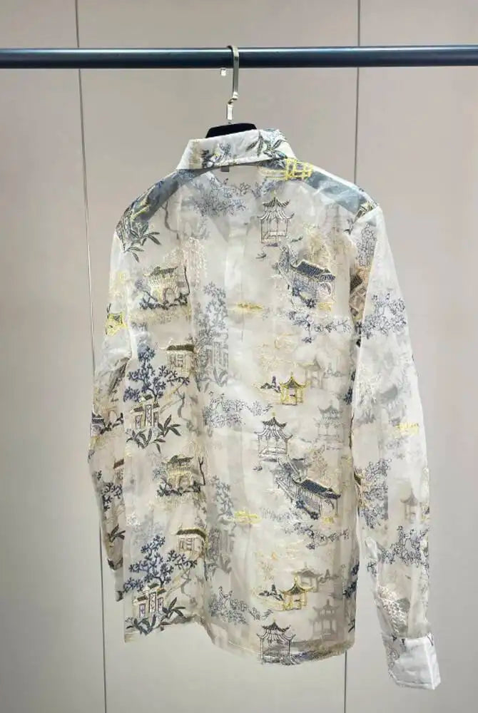 Trend4us Luxe Sheer Organza Embroidered Scenic Blouse