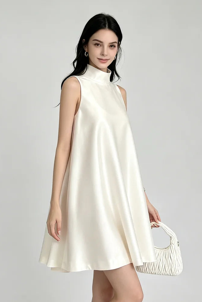 Trend4us Elegant Satin High Neck Swing Mini Dress