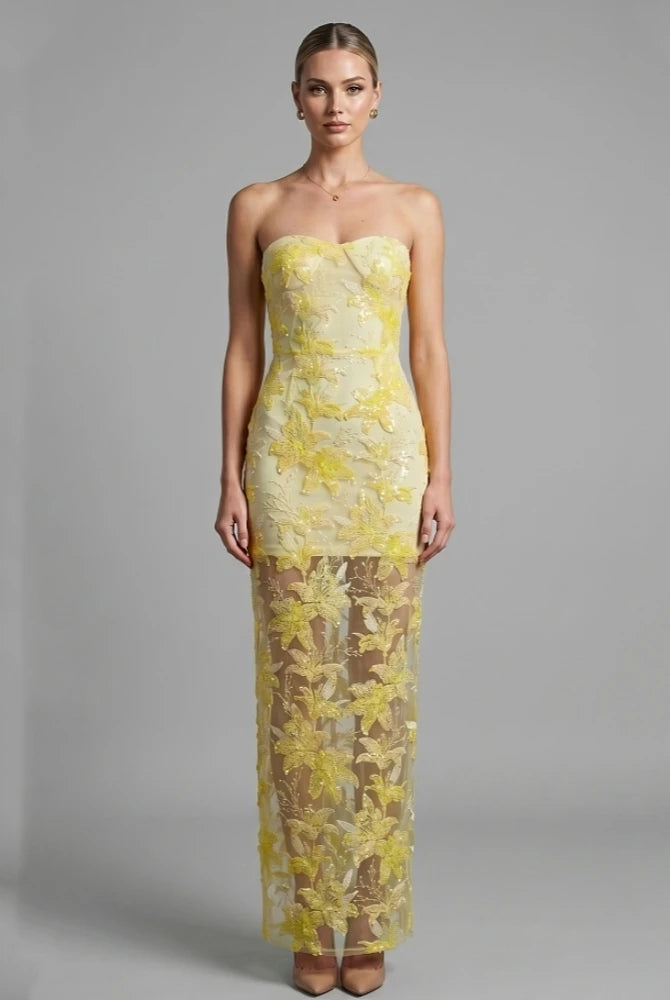 Trend4us Luxe Strapless Floral Sequin Embroidered Maxi Dress