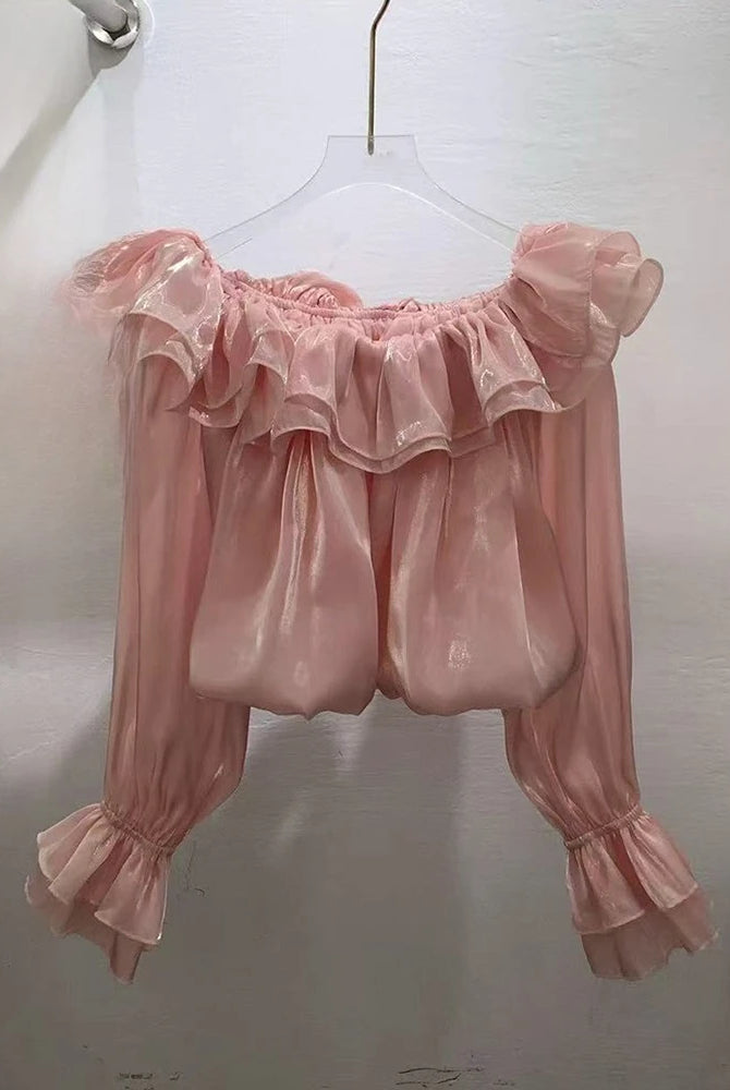 Trend4us Luxe Off-Shoulder Ruffle Organza Crop Blouse - Pink