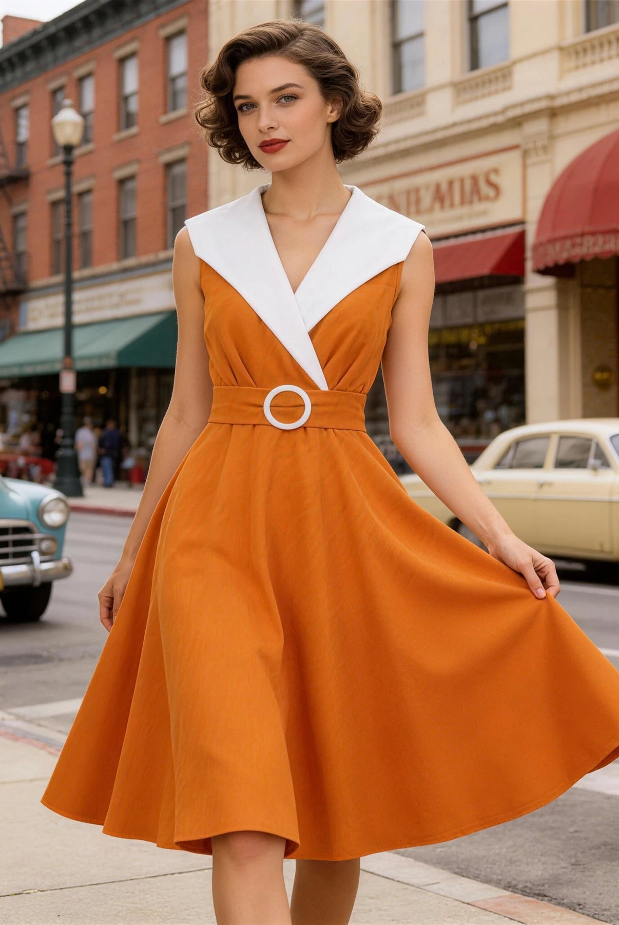 Trend4us Vintage Contrast Collar Belted Fit & Flare Swing Dress in Orange
