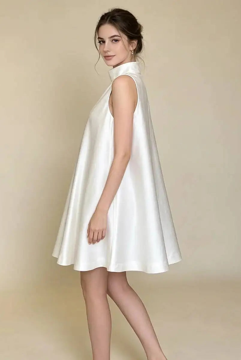 Trend4us Elegant Satin High Neck Swing Mini Dress