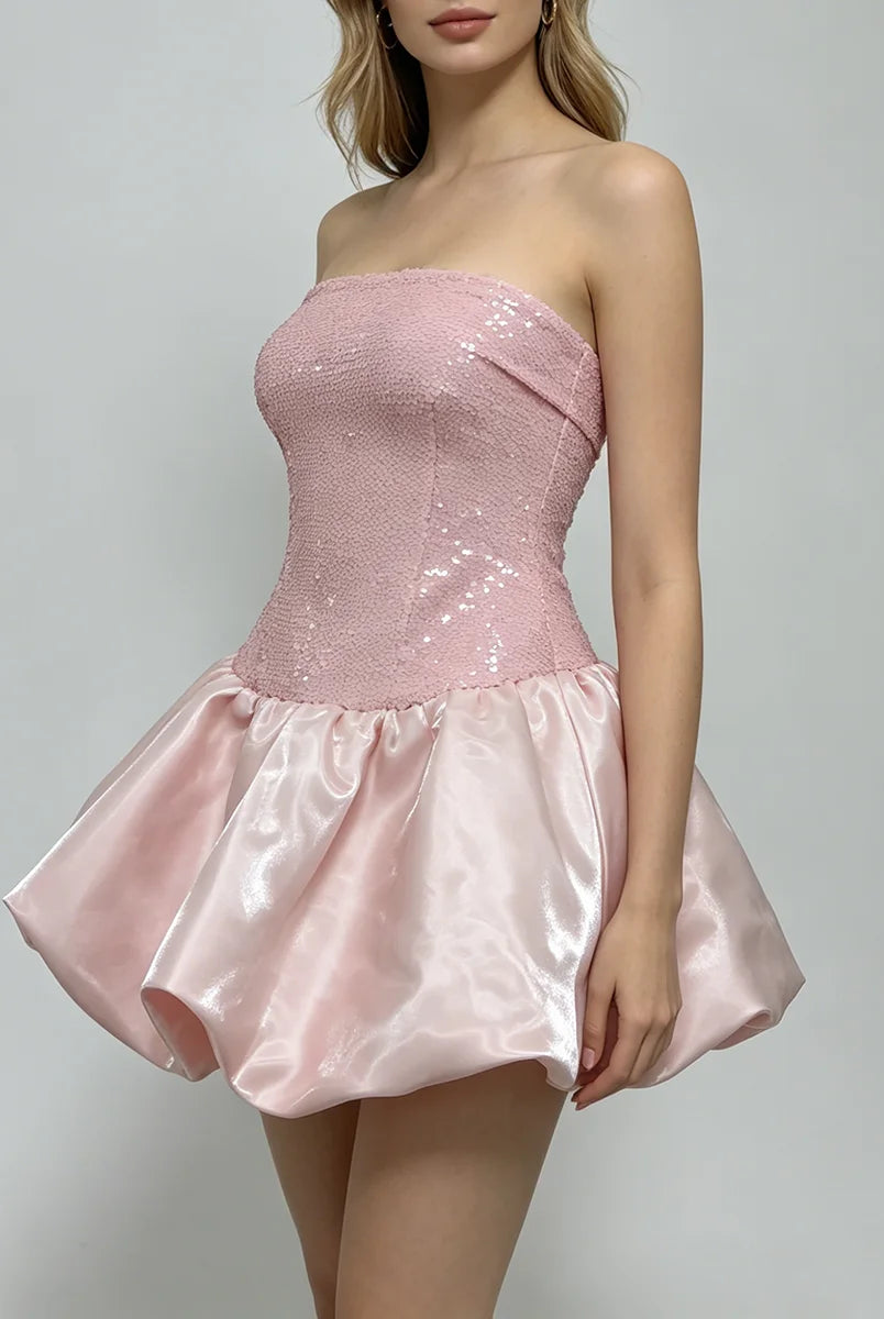 Trend4us Luxe Strapless Sequin Bubble Hem Mini Dress