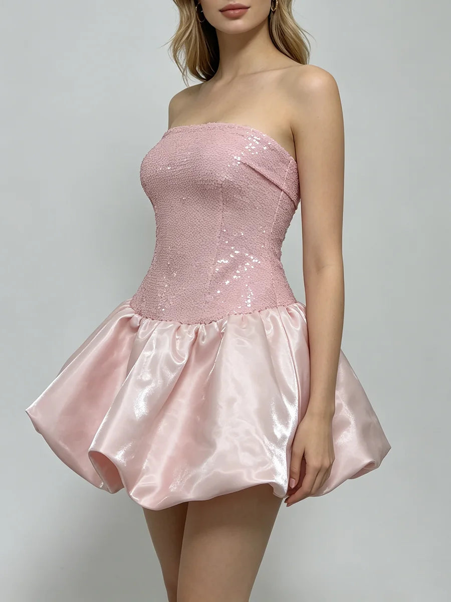 Trend4us Luxe Strapless Sequin Bubble Hem Mini Dress