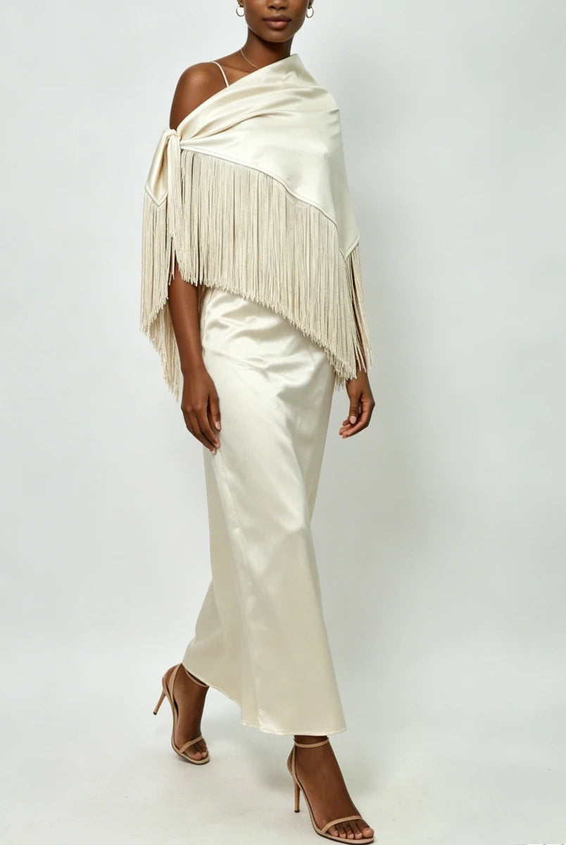 Trend4us Luxe Satin Fringe Shawl One-Shoulder Evening Dress
