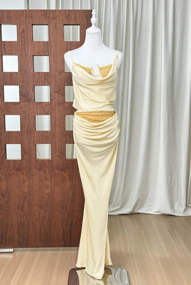 Trend4us Luxe Satin Lace Cowl Neck Maxi Skirt Set – Cream