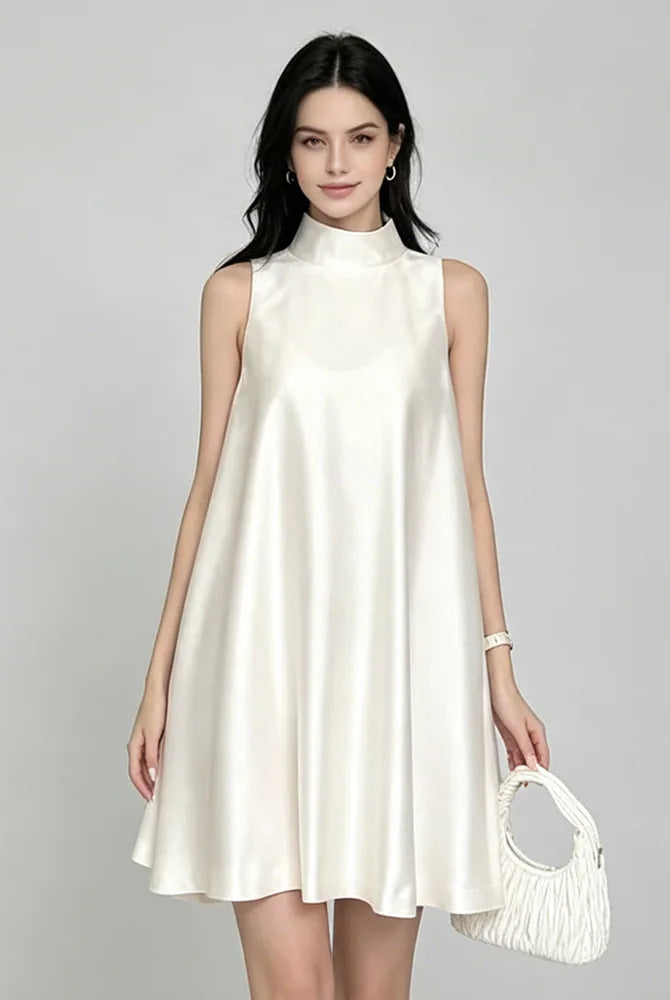 Trend4us Elegant Satin High Neck Swing Mini Dress