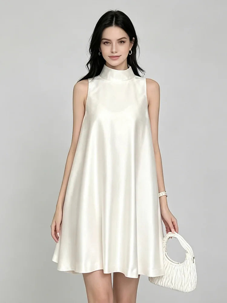 Trend4us Elegant Satin High Neck Swing Mini Dress