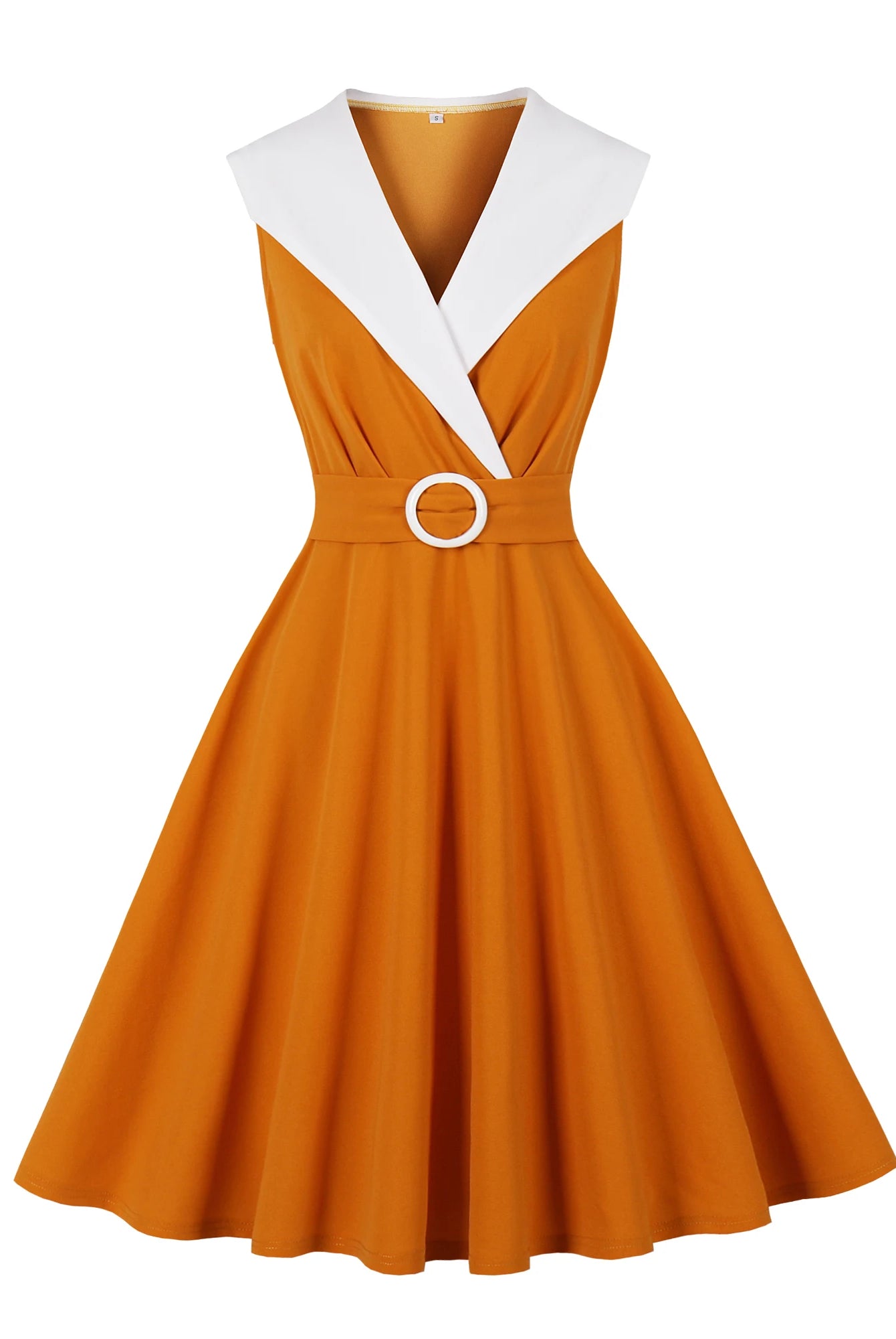 Trend4us Vintage Contrast Collar Belted Fit & Flare Swing Dress