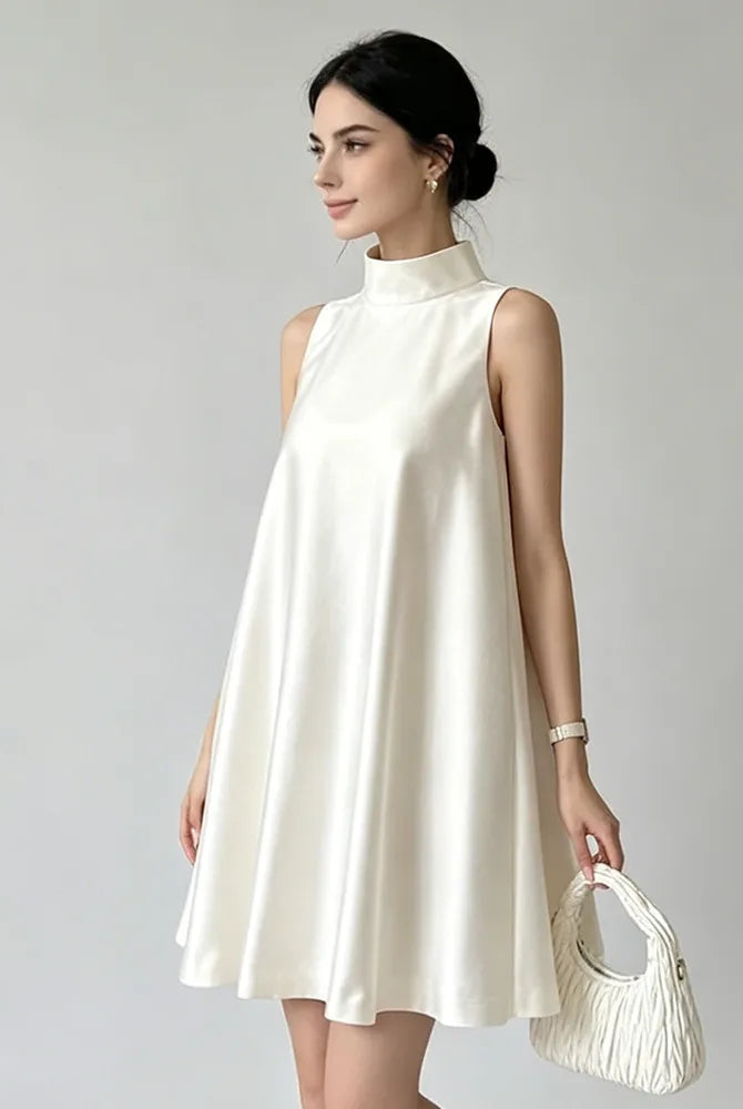 Trend4us Elegant Satin High Neck Swing Mini Dress
