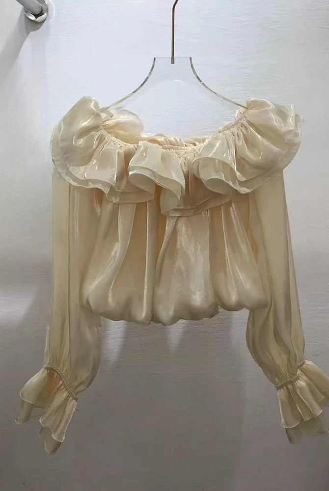 Trend4us Luxe Off-Shoulder Ruffle Organza Crop Blouse - Apricot