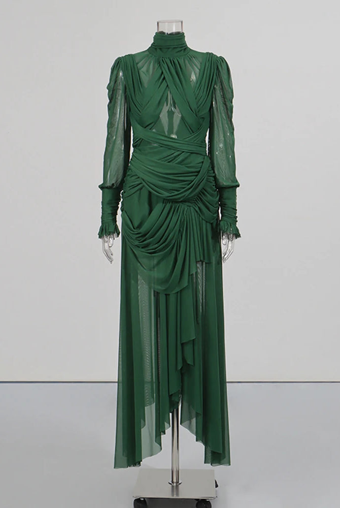 Trend4us Luxe Sheer Draped Illusion High-Neck Evening Gown - Green