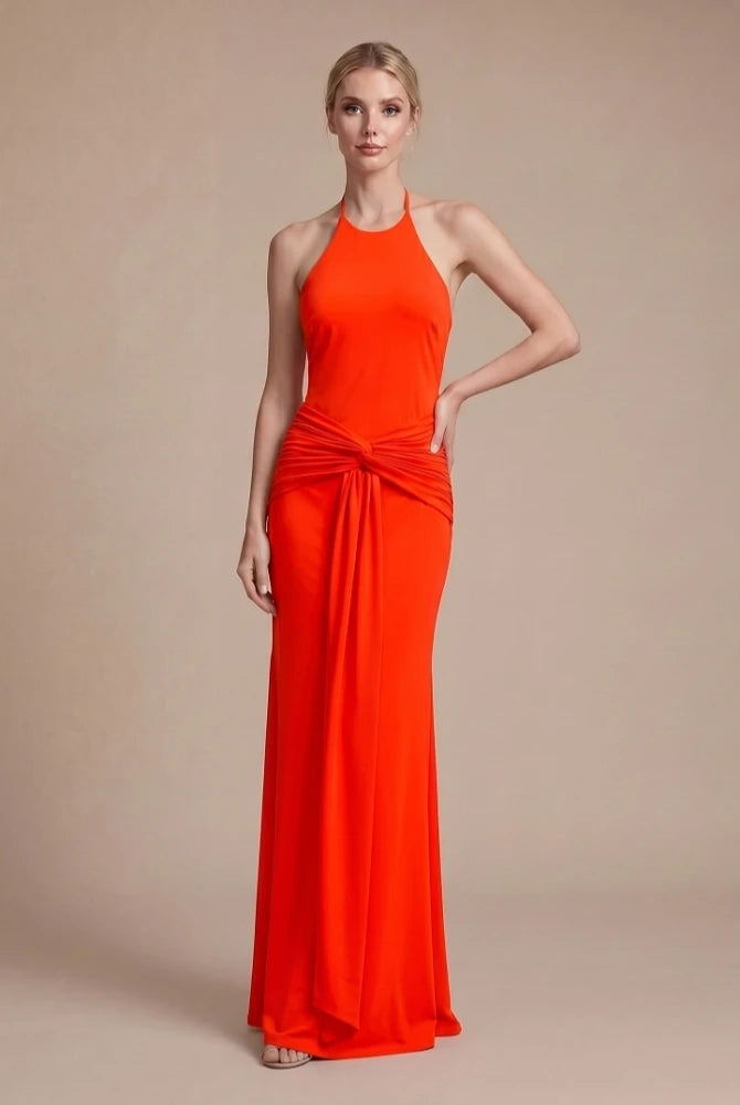 Trend4us Luxe Backless Halter Ruched Mermaid Maxi Dress in red