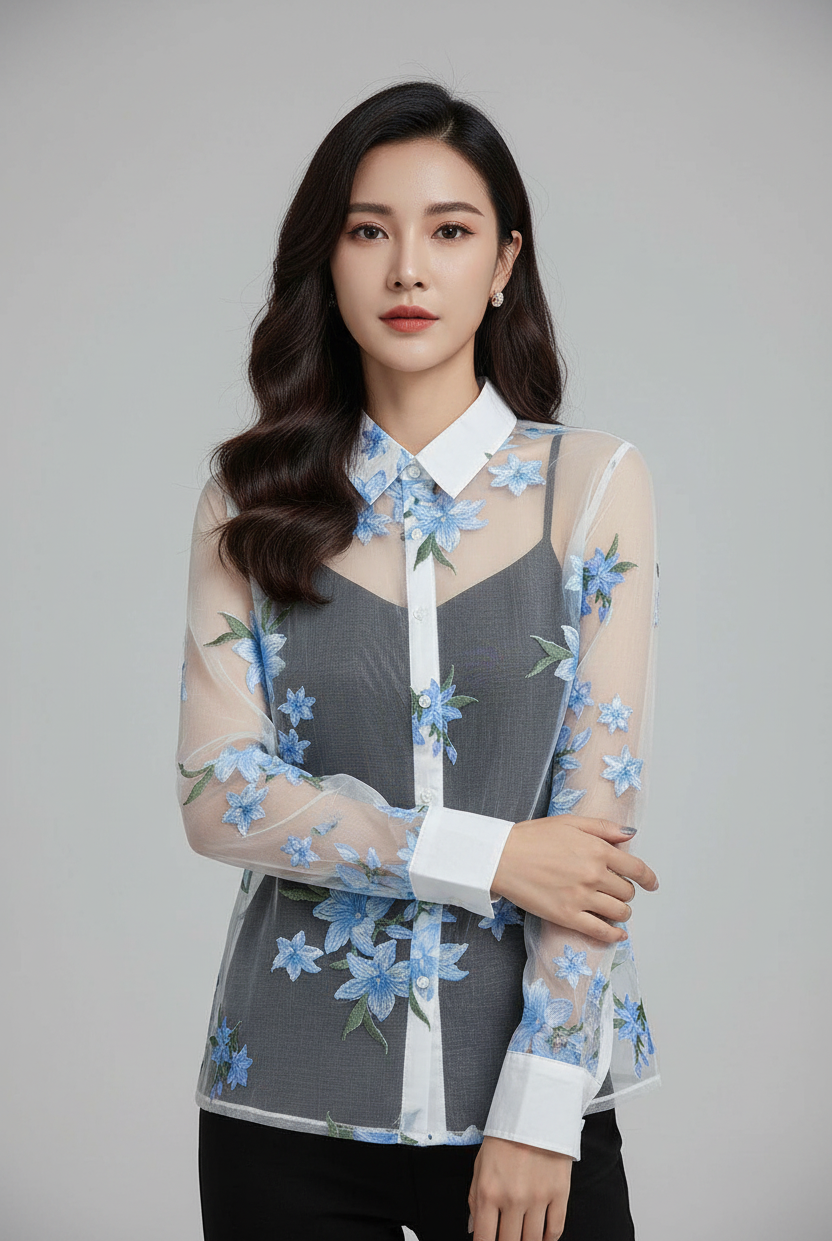 Trend4us Sheer Floral Print Blouse – Women's Sky Blue Button-Up
