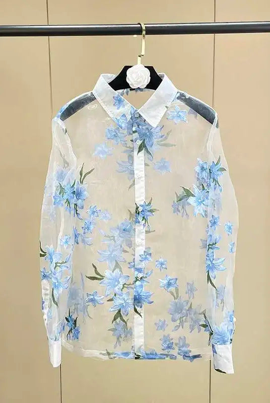 Trend4us Sheer Floral Print Blouse – Women's Sky Blue Button-Up