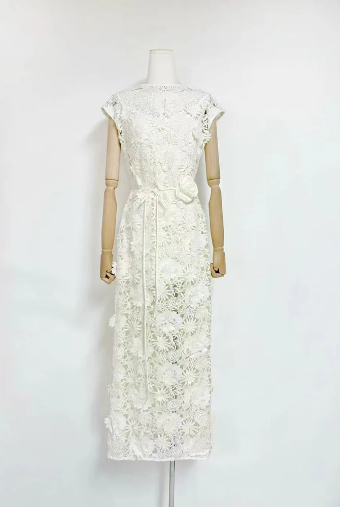 Trend4us Luxe 3D Floral Appliqué Sheer Evening Gown - White