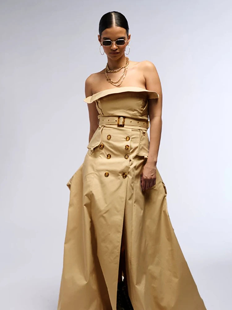 Trend4us Luxe Strapless Pearl Trim Mesh Patchwork Maxi Dress