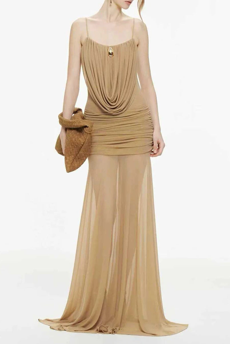 Trend4us Luxe Draped Cowl Sheer Maxi Dress