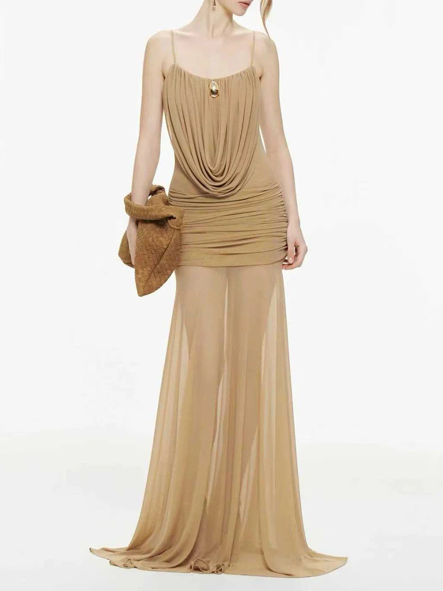 Trend4us Luxe Draped Cowl Sheer Maxi Dress