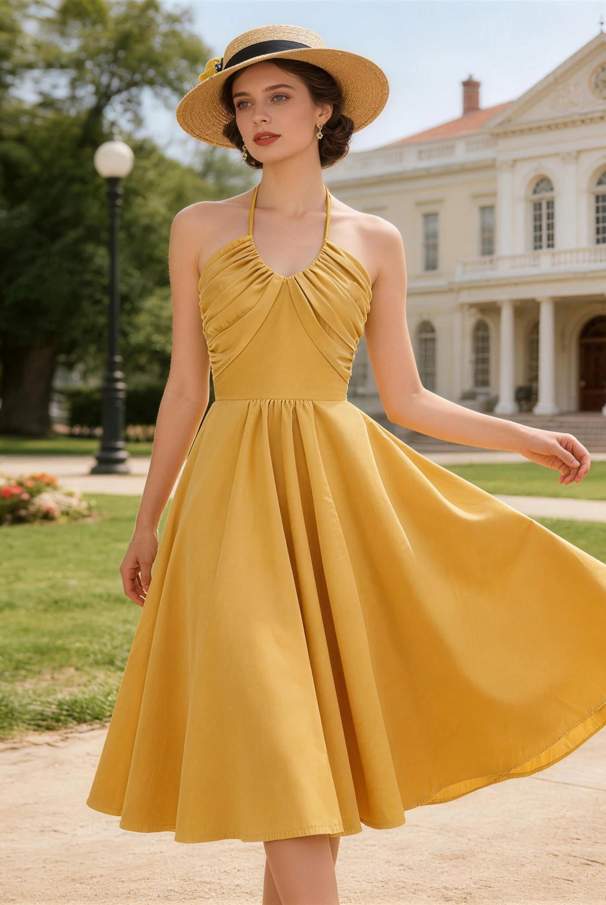 Trend4us Vintage Halter Ruched Summer Fit & Flare Dress in gold front view