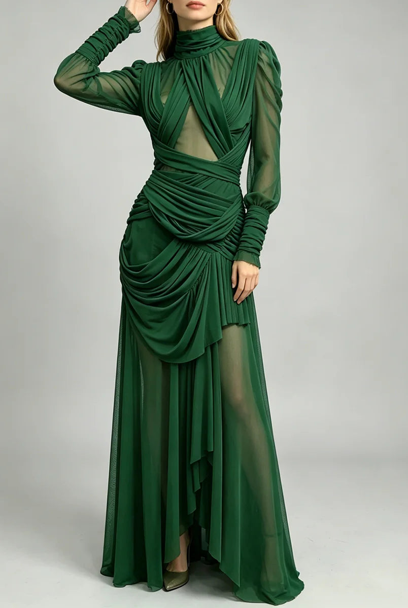 Trend4us Luxe Sheer Draped Illusion High-Neck Evening Gown