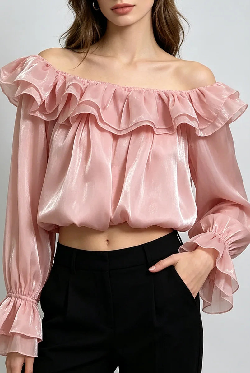 Trend4us Luxe Off-Shoulder Ruffle Organza Crop Blouse