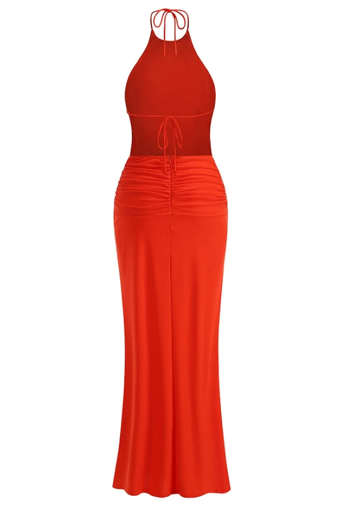 Trend4us Luxe Backless Halter Ruched Mermaid Maxi Dress in red back view