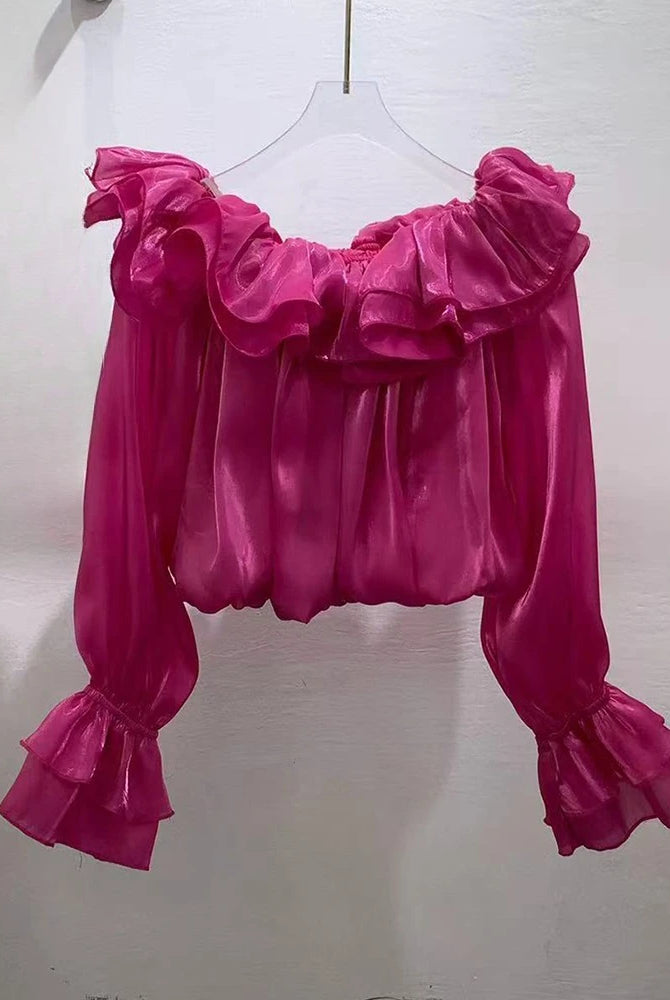 Trend4us Luxe Off-Shoulder Ruffle Organza Crop Blouse - Rose