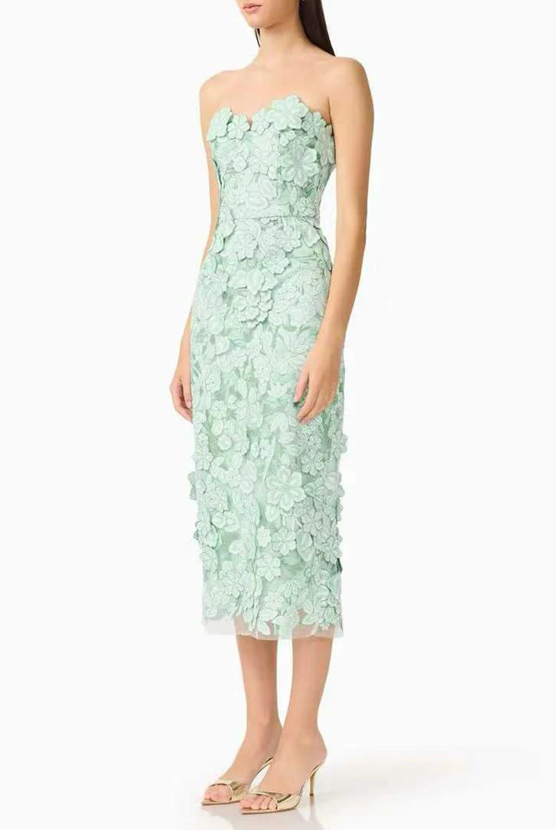 Trend4us Luxe Strapless 3D Floral Embroidered Midi Dress