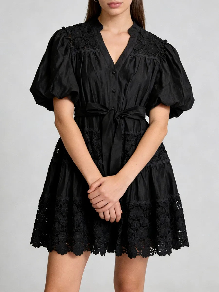 "Lace mini dress front view - adjustable tie waist detail"