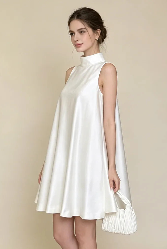 Trend4us Elegant Satin High Neck Swing Mini Dress