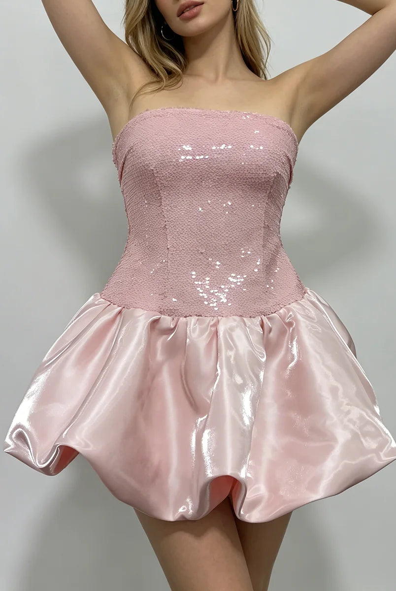 Trend4us Luxe Strapless Sequin Bubble Hem Mini Dress