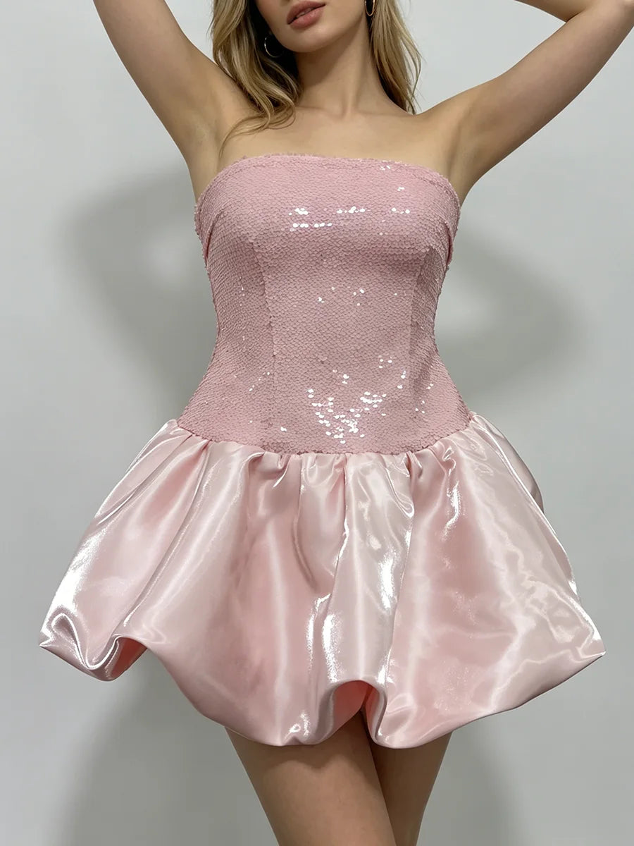 Trend4us Luxe Strapless Sequin Bubble Hem Mini Dress