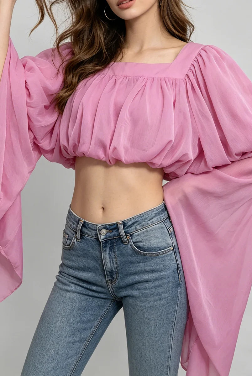 Trend4us Romantic Off-Shoulder Chiffon Puff Sleeve Crop Top