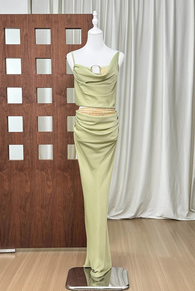 Trend4us Luxe Satin Lace Cowl Neck Maxi Skirt Set – Green