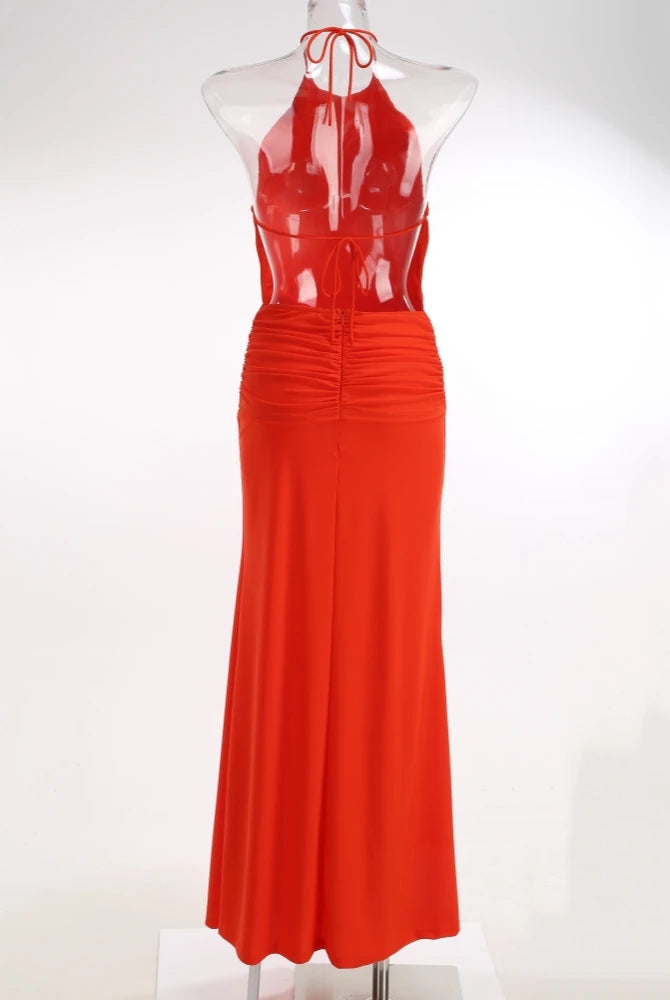 Trend4us Luxe Backless Halter Ruched Mermaid Maxi Dress in red back view