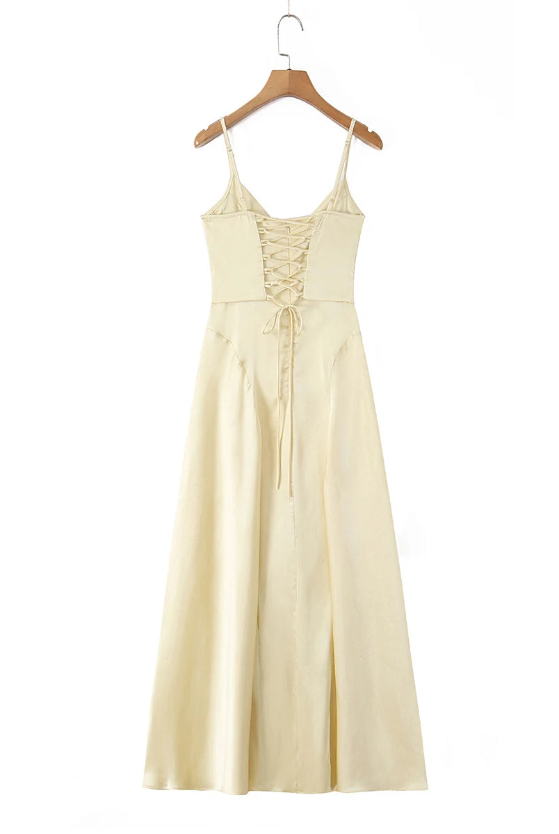 Satin Lace-Up Corset Maxi Dress — Women's V-Neck A-Line | Trend4us