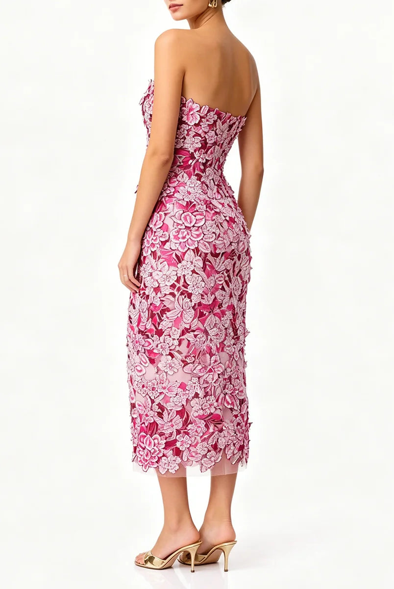 Trend4us Luxe Strapless 3D Floral Embroidered Midi Dress