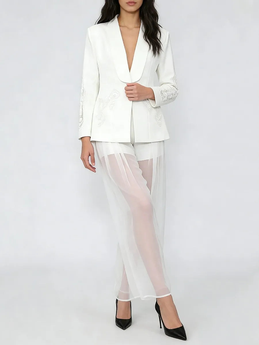 Front View Trend4us Luxe Crystal Beaded Blazer & Sheer Wide-Leg Pants Set in White