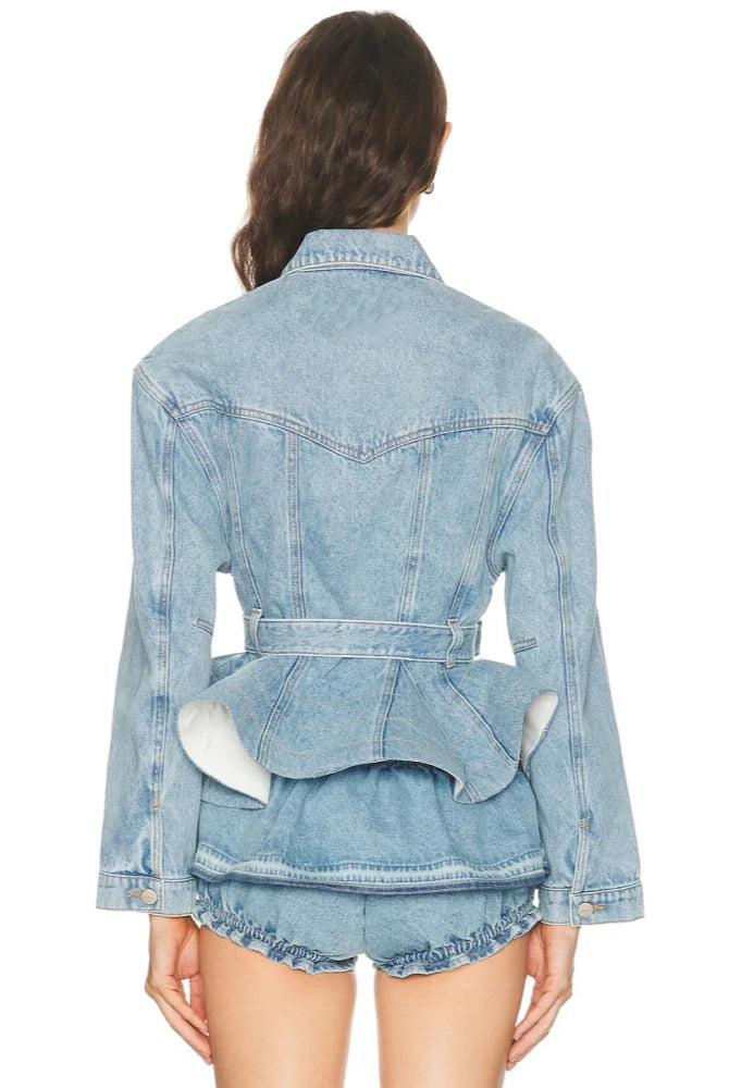 Trend4us Luxe Belted Peplum Denim Jacket & Ruffle Shorts Set in blue
