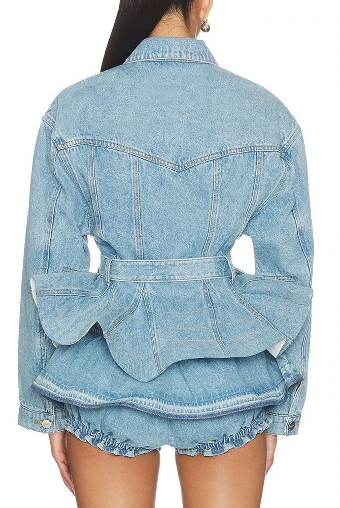 Trend4us Luxe Belted Peplum Denim Jacket & Ruffle Shorts Set in blue back view