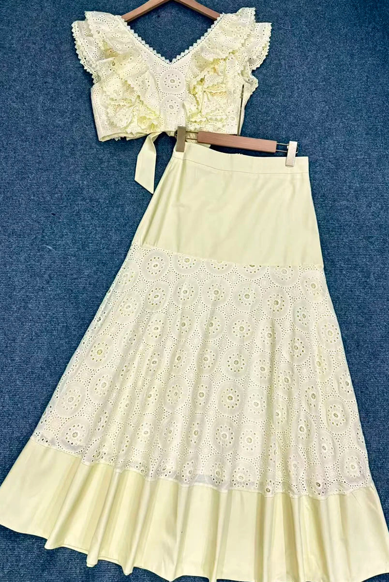 Trend4us Luxe Eyelet Lace Ruffle Crop Top & Midi Skirt Set - Yellow